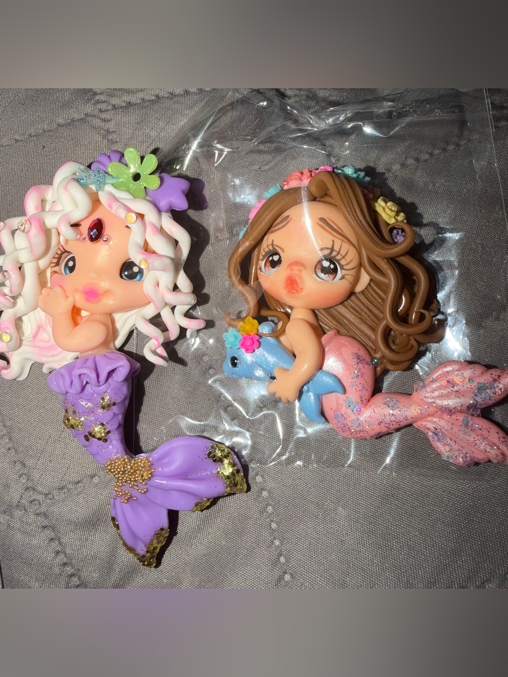 Handmade Polymer Clay Mermaid Doll Set of 2 Fantasy Kawaii Art Figures OOAK